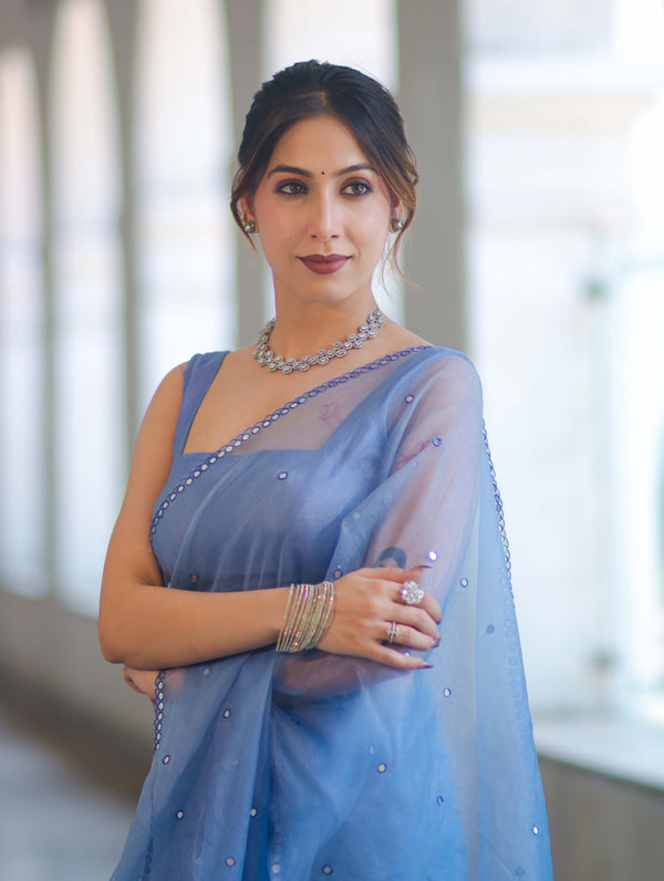 Banarasee Handwoven Organza Mix Saree With Mirror Work-Light Blue