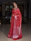 Banarasee Handloom Pure Silk Saree With Zari Buta Work & Floral Border-Rose Red