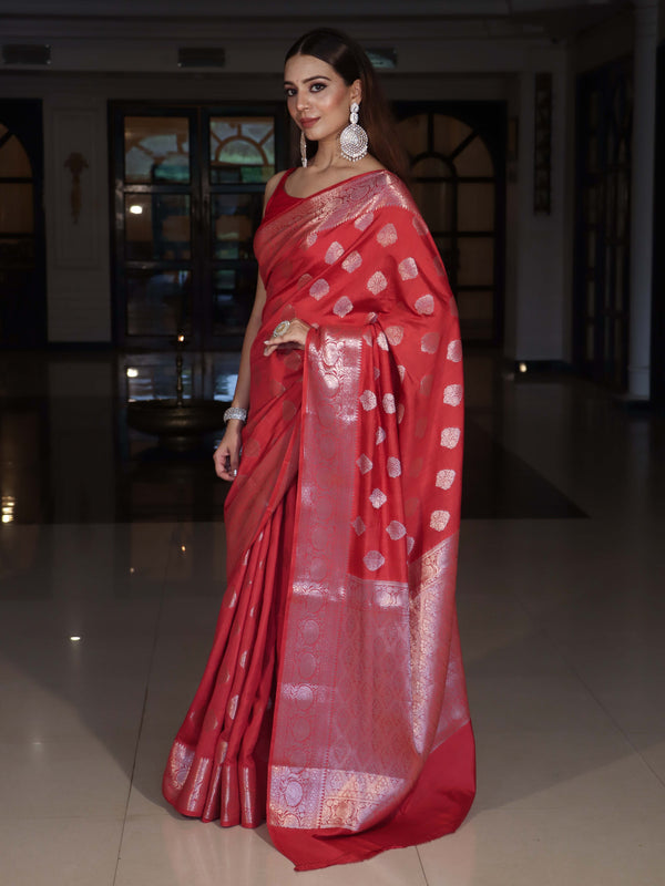 Banarasee Handloom Pure Silk Saree With Zari Buta Work & Floral Border-Rose Red