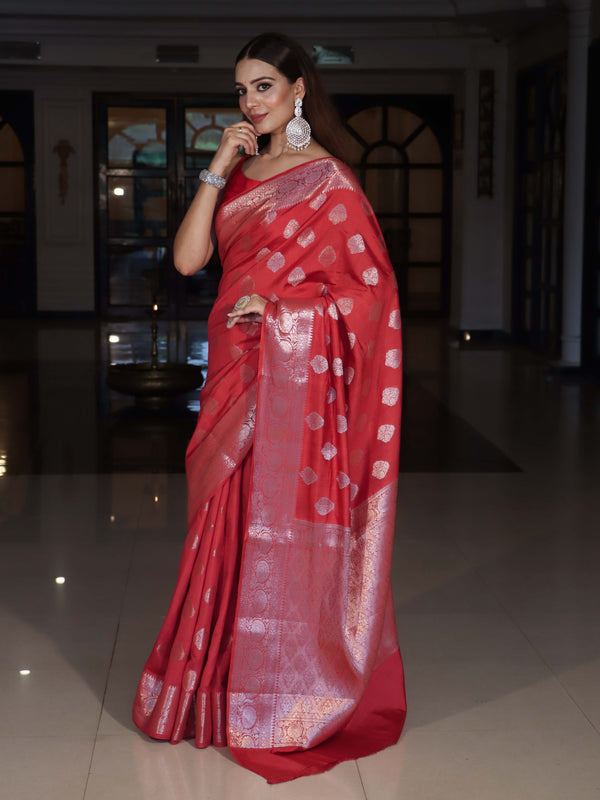 Banarasee Handloom Pure Silk Saree With Zari Buta Work & Floral Border-Rose Red