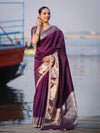 Banarasee Handloom Semi Silk Plain Saree With Zari Border & Lace-Purple