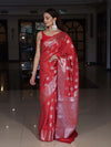 Banarasee Handloom Pure Silk Saree With Zari Buta Work & Floral Border-Rose Red