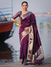 Banarasee Handloom Semi Silk Plain Saree With Zari Border & Lace-Purple