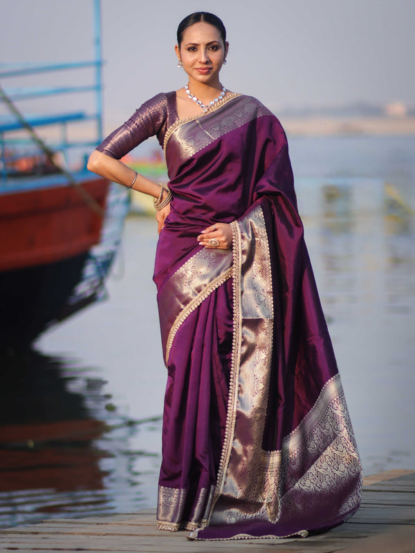 Banarasee Handloom Semi Silk Plain Saree With Zari Border & Lace-Purple