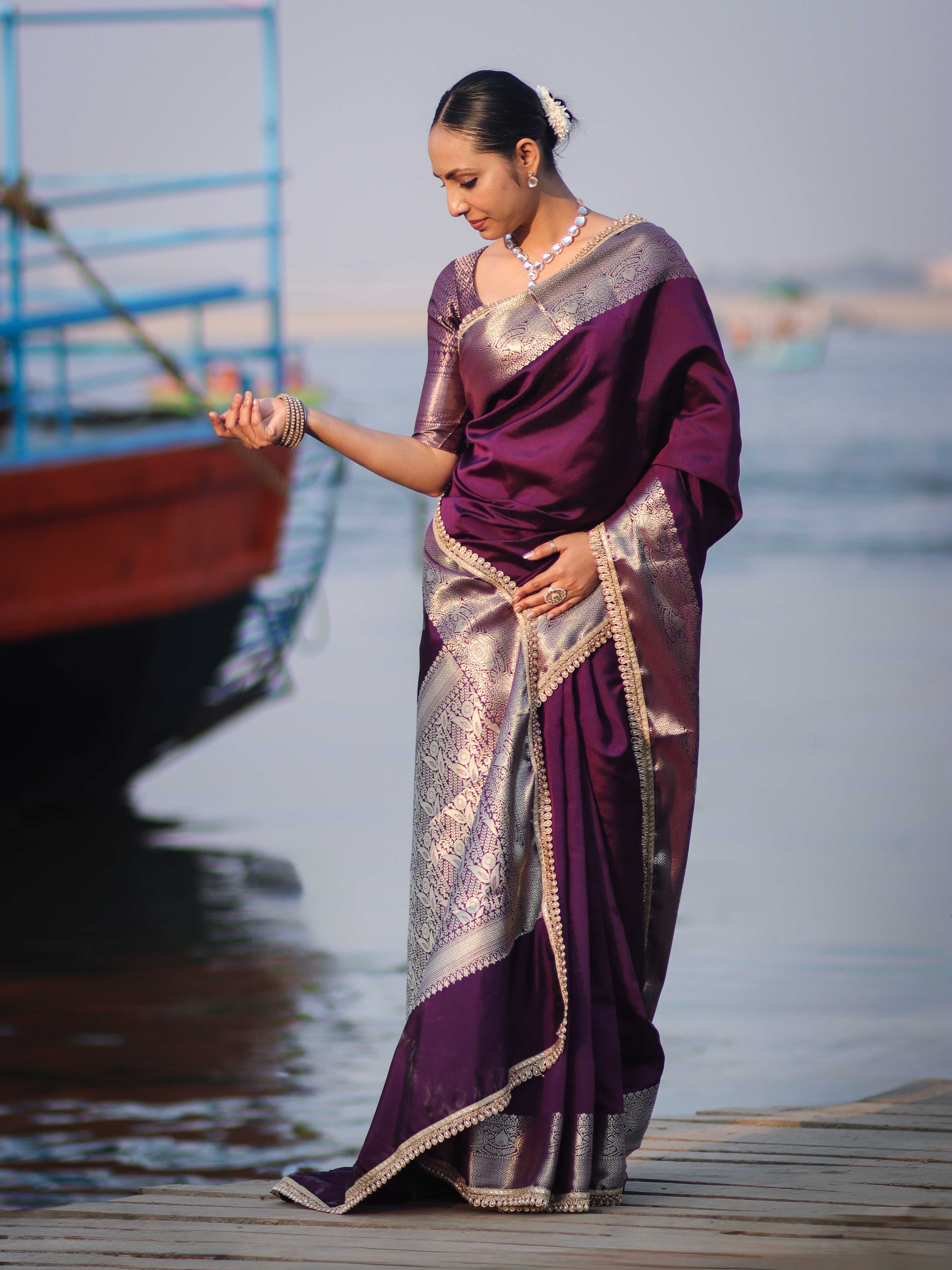 Banarasee Handloom Semi Silk Plain Saree With Zari Border & Lace-Purple