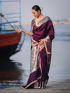 Banarasee Handloom Semi Silk Plain Saree With Zari Border & Lace-Purple