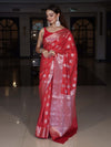 Banarasee Handloom Pure Silk Saree With Zari Buta Work & Floral Border-Rose Red