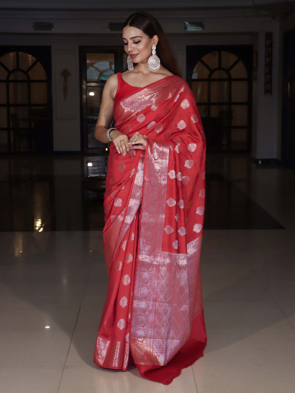 Banarasee Handloom Pure Silk Saree With Zari Buta Work & Floral Border-Rose Red