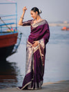 Banarasee Handloom Semi Silk Plain Saree With Zari Border & Lace-Purple