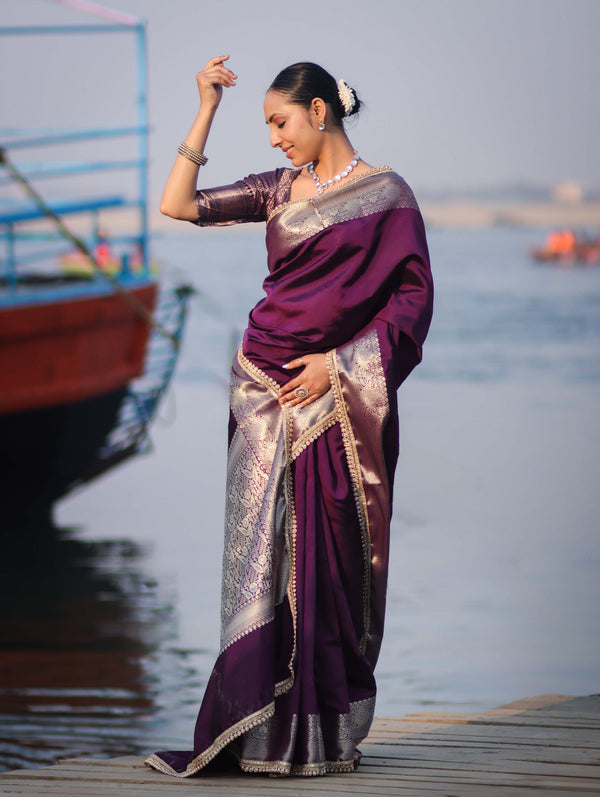 Banarasee Handloom Semi Silk Plain Saree With Zari Border & Lace-Purple