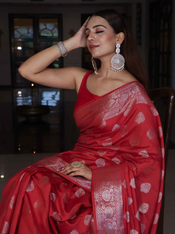 Banarasee Handloom Pure Silk Saree With Zari Buta Work & Floral Border-Rose Red
