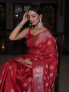 Banarasee Handloom Pure Silk Saree With Zari Buta Work & Floral Border-Rose Red