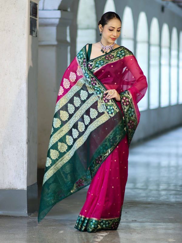 Banarasee Handloom Organza Mix Saree With Resham Zari Work & Contrast Floral Border-Magenta & Green
