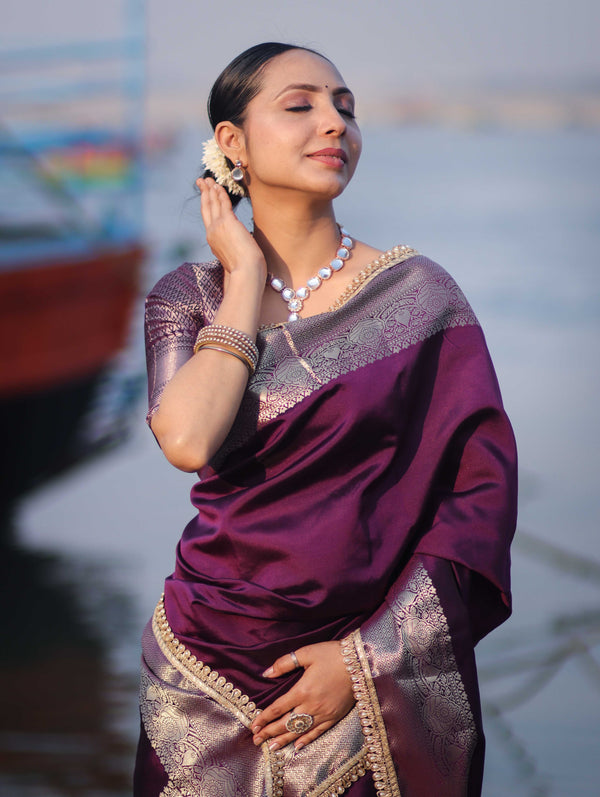 Banarasee Handloom Semi Silk Plain Saree With Zari Border & Lace-Purple