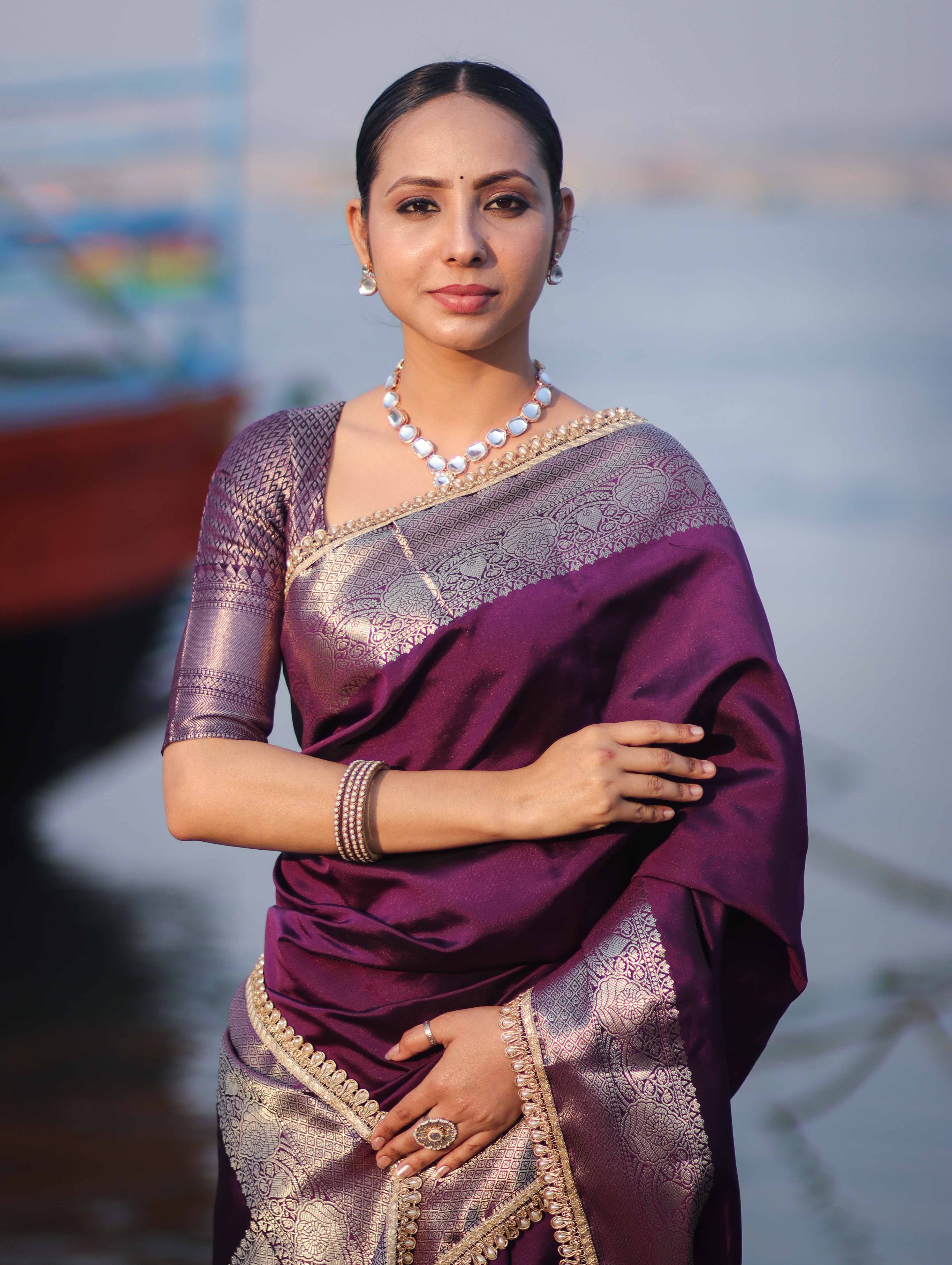 Banarasee Handloom Semi Silk Plain Saree With Zari Border & Lace-Purple