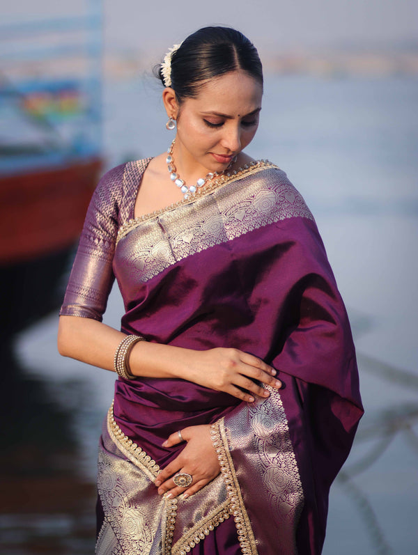 Banarasee Handloom Semi Silk Plain Saree With Zari Border & Lace-Purple