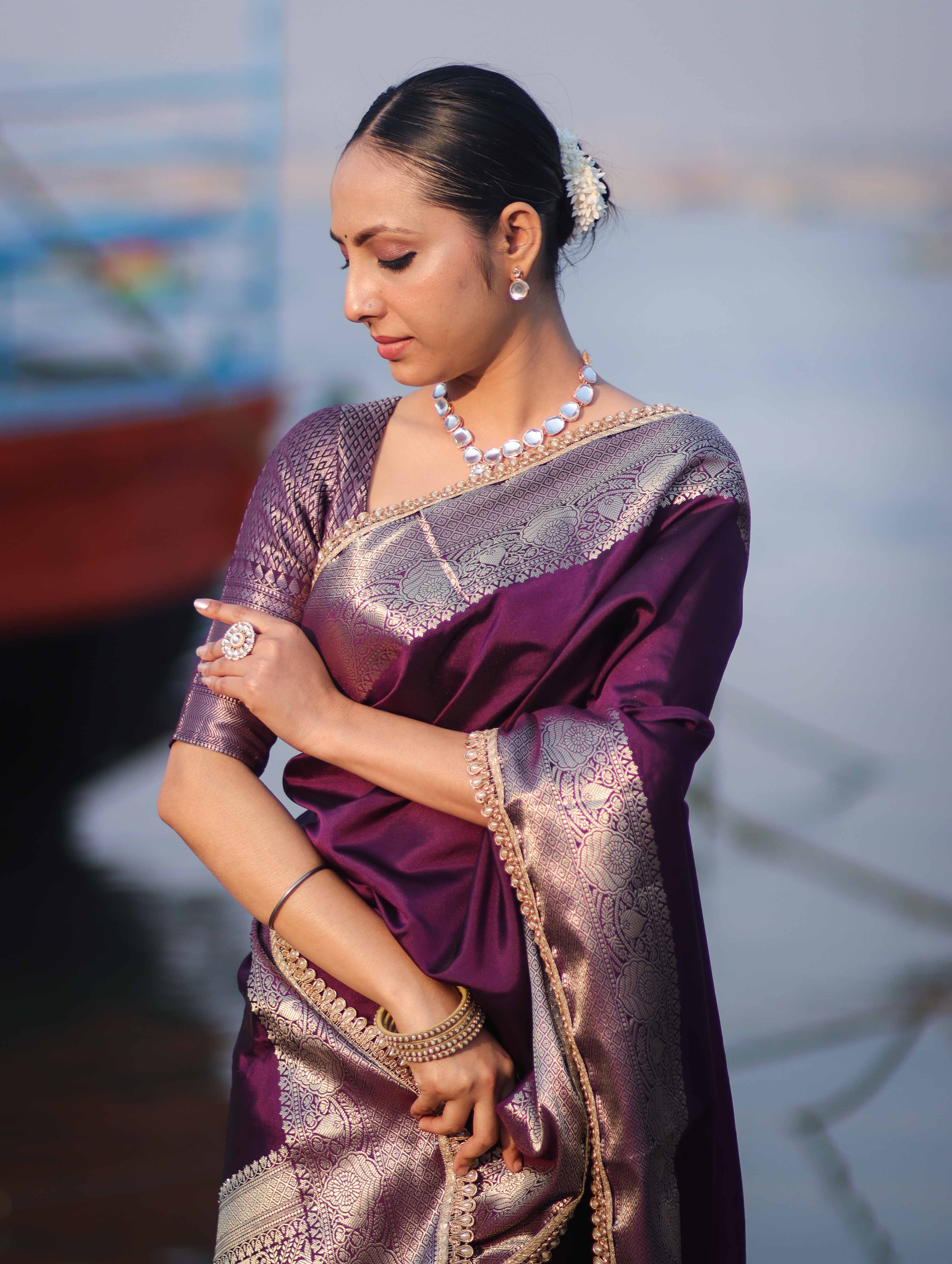 Banarasee Handloom Semi Silk Plain Saree With Zari Border & Lace-Purple