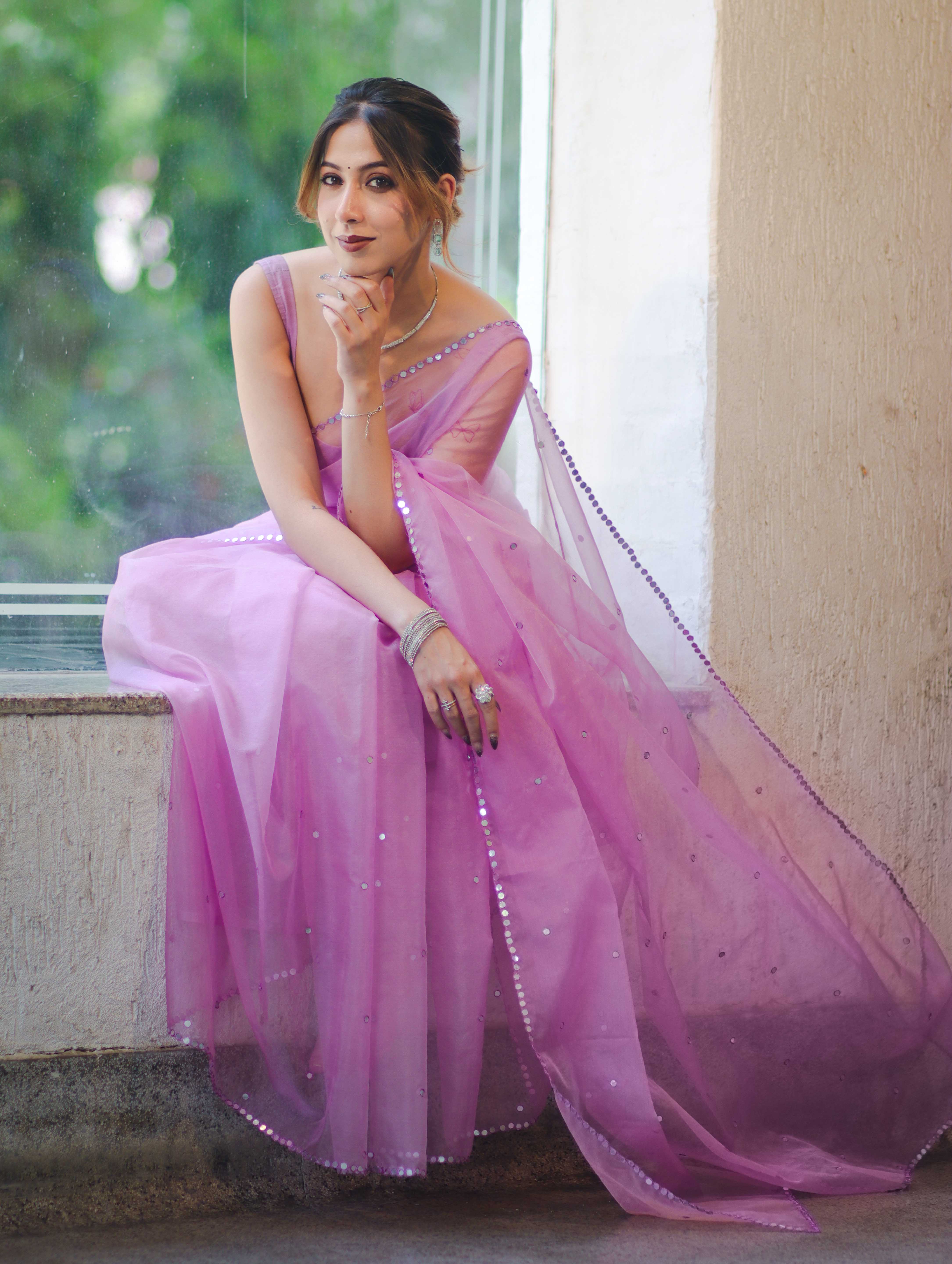 Banarasee Handwoven Organza Mix Saree With Mirror Work-Light Pink