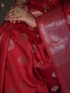 Banarasee Handloom Pure Silk Saree With Zari Buta Work & Floral Border-Rose Red