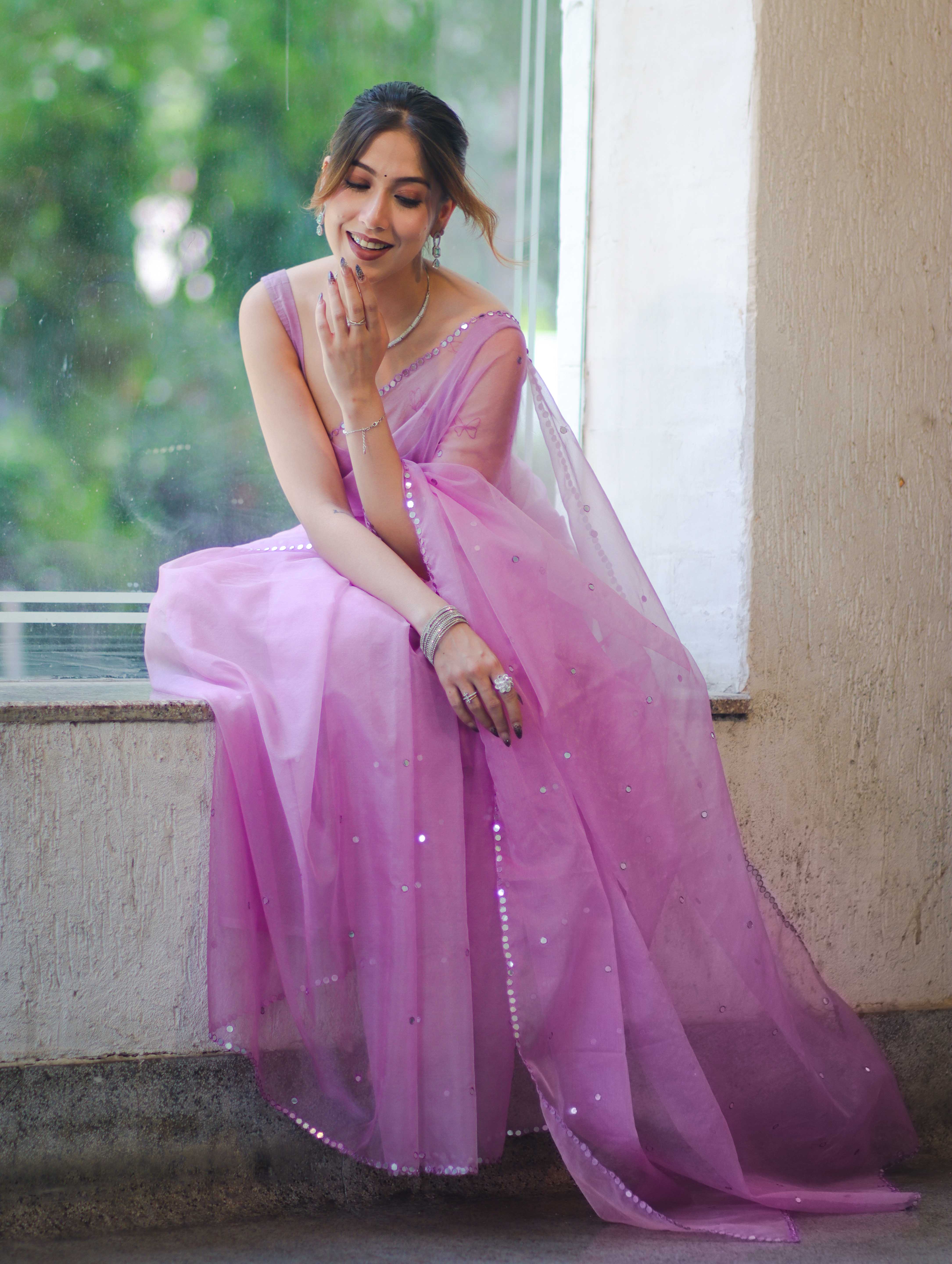 Banarasee Handwoven Organza Mix Saree With Mirror Work-Light Pink