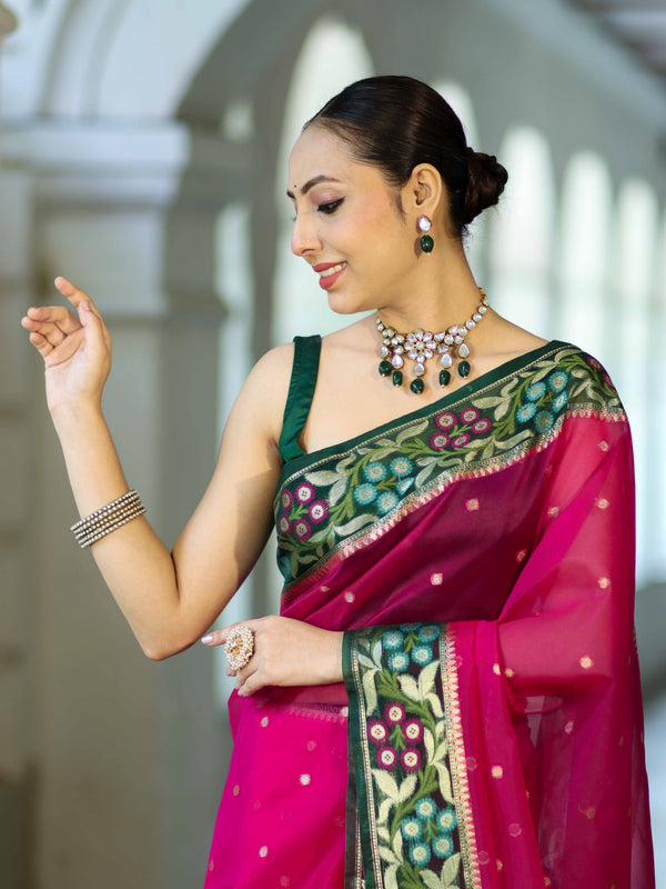 Banarasee Handloom Organza Mix Saree With Resham Zari Work & Contrast Floral Border-Magenta & Green