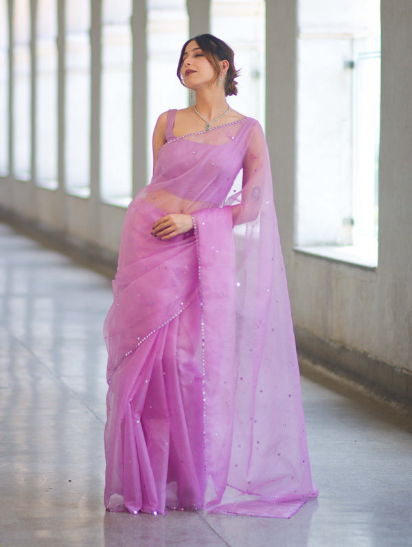 Banarasee Handwoven Organza Mix Saree With Mirror Work-Light Pink