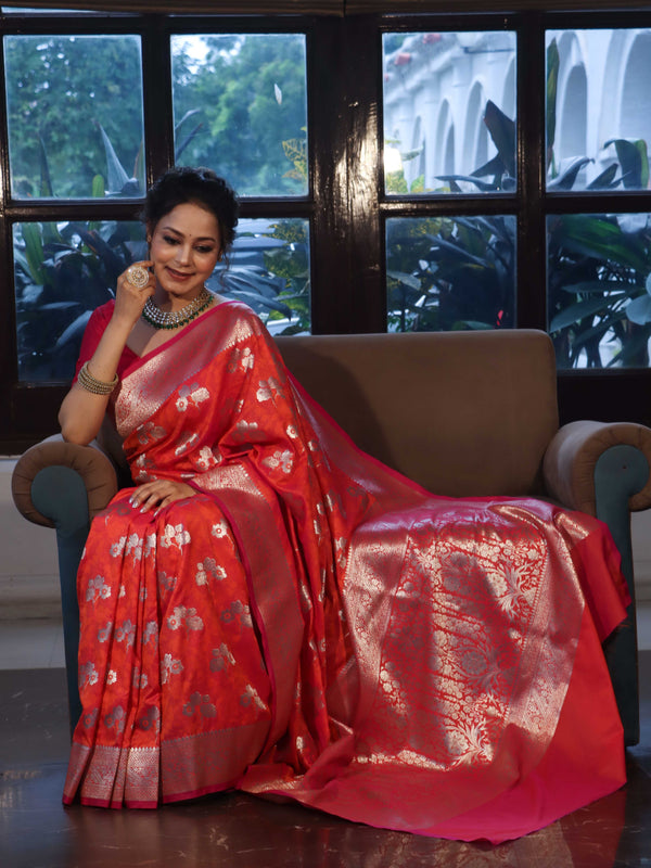 Banarasee Handwoven Semi-Katan Zari & Resham Weaving Floral Border Saree-Orange