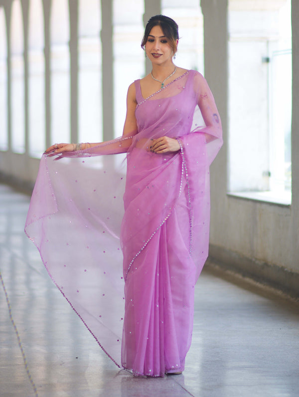 Banarasee Handwoven Organza Mix Saree With Mirror Work-Light Pink