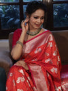 Banarasee Handwoven Semi-Katan Zari & Resham Weaving Floral Border Saree-Orange