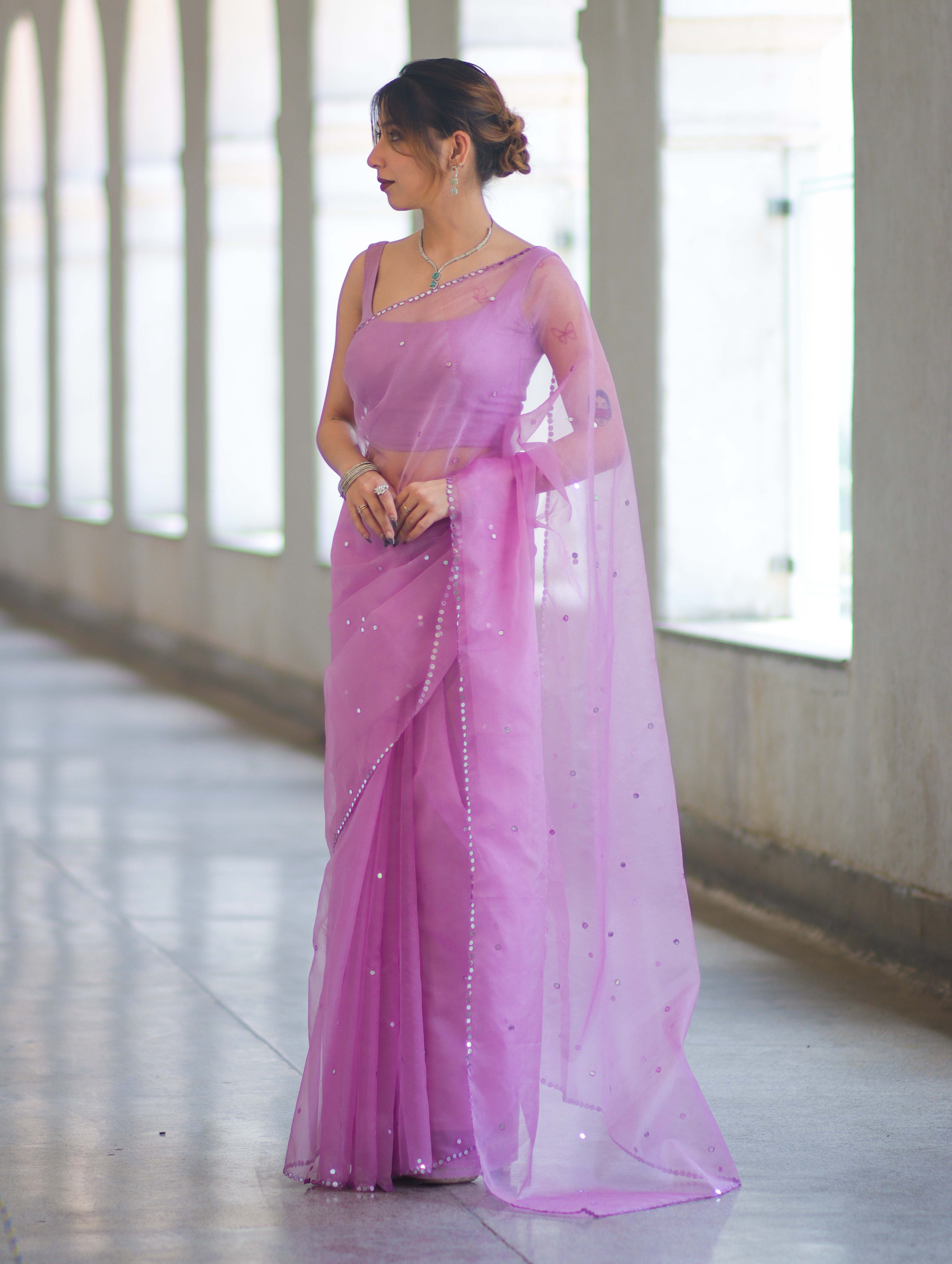 Banarasee Handwoven Organza Mix Saree With Mirror Work-Light Pink