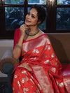 Banarasee Handwoven Semi-Katan Zari & Resham Weaving Floral Border Saree-Orange