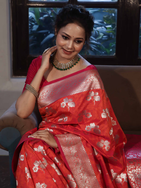 Banarasee Handwoven Semi-Katan Zari & Resham Weaving Floral Border Saree-Orange