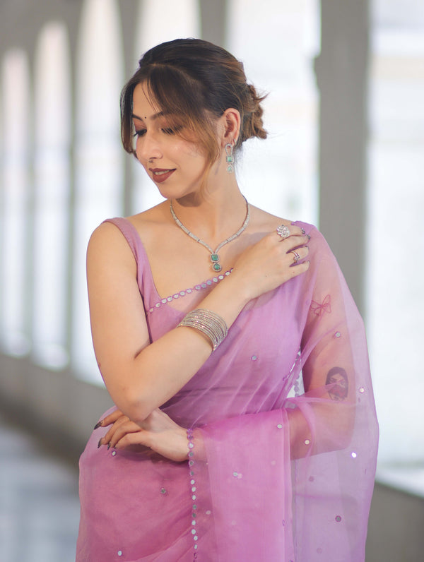 Banarasee Handwoven Organza Mix Saree With Mirror Work-Light Pink