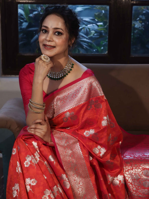 Banarasee Handwoven Semi-Katan Zari & Resham Weaving Floral Border Saree-Orange