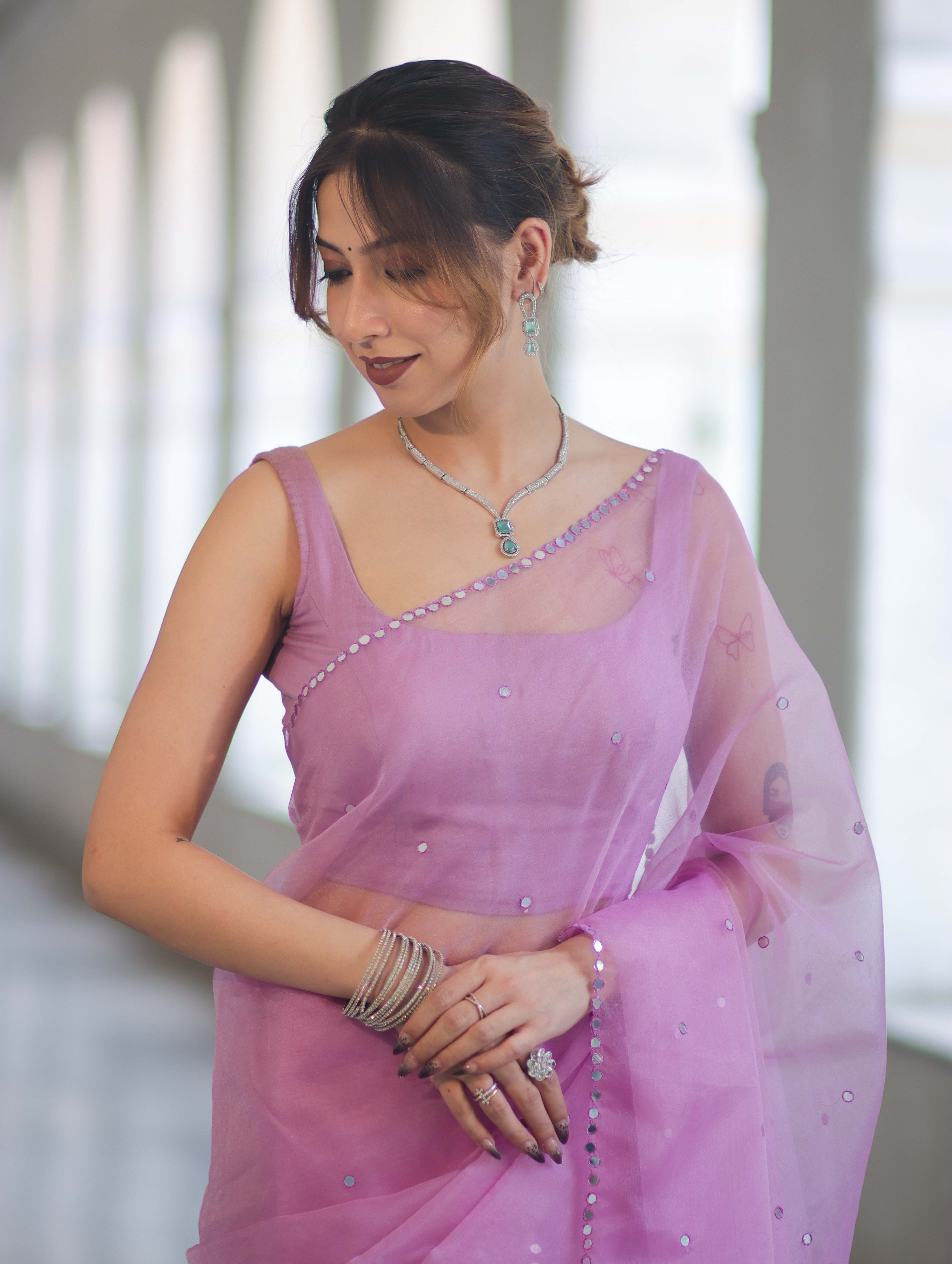 Banarasee Handwoven Organza Mix Saree With Mirror Work-Light Pink
