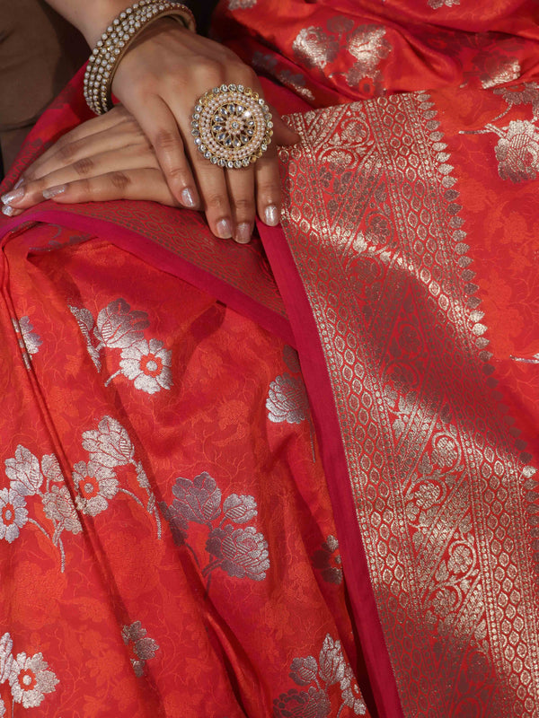 Banarasee Handwoven Semi-Katan Zari & Resham Weaving Floral Border Saree-Orange