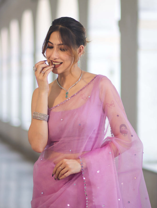 Banarasee Handwoven Organza Mix Saree With Mirror Work-Light Pink