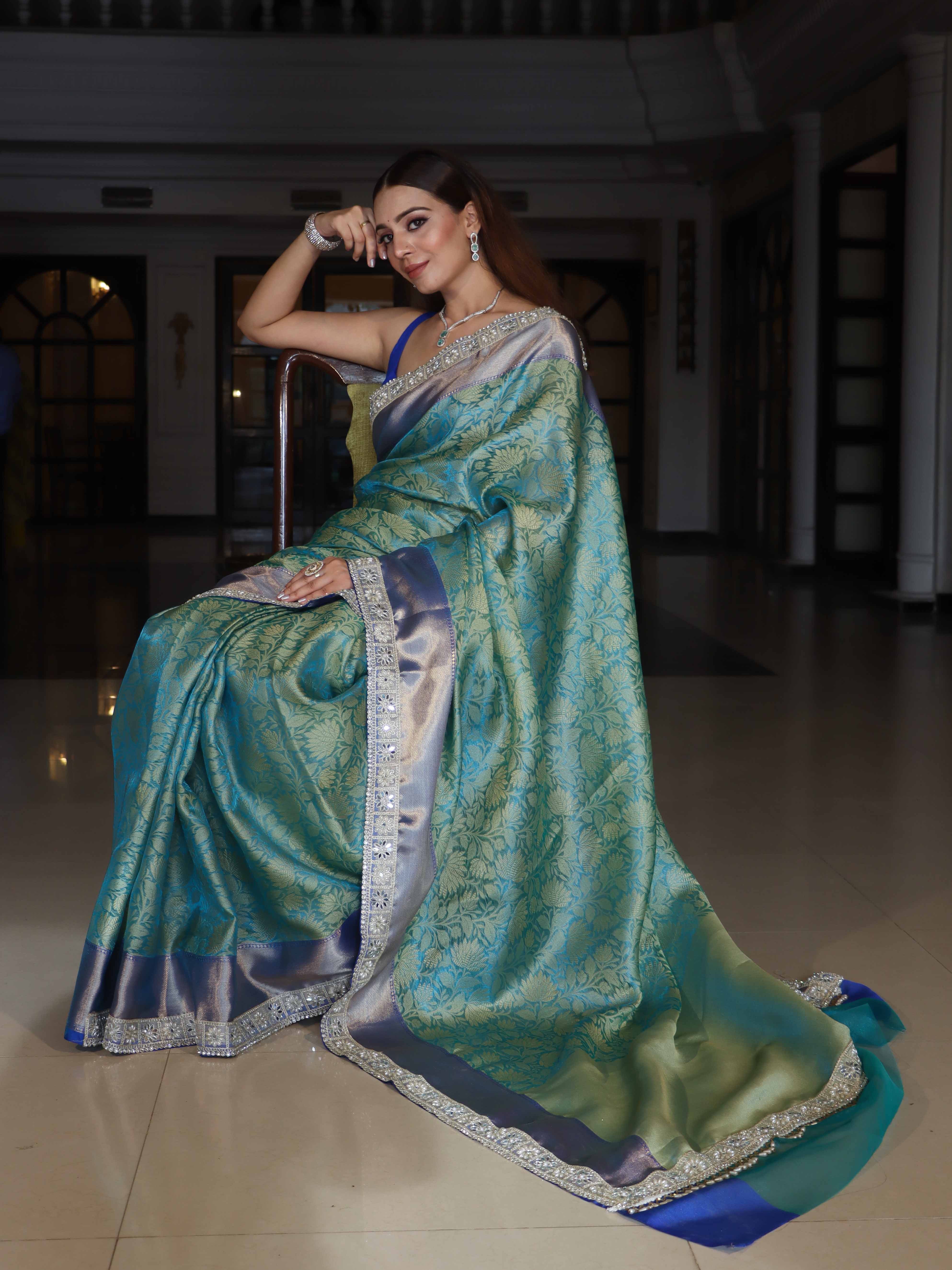 Banarasee Handwoven Tissue Saree With Floral Weaving Contrast Border & Lace-Blue (Dual Tone)