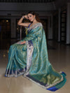Banarasee Handwoven Tissue Saree With Floral Weaving Contrast Border & Lace-Blue (Dual Tone)