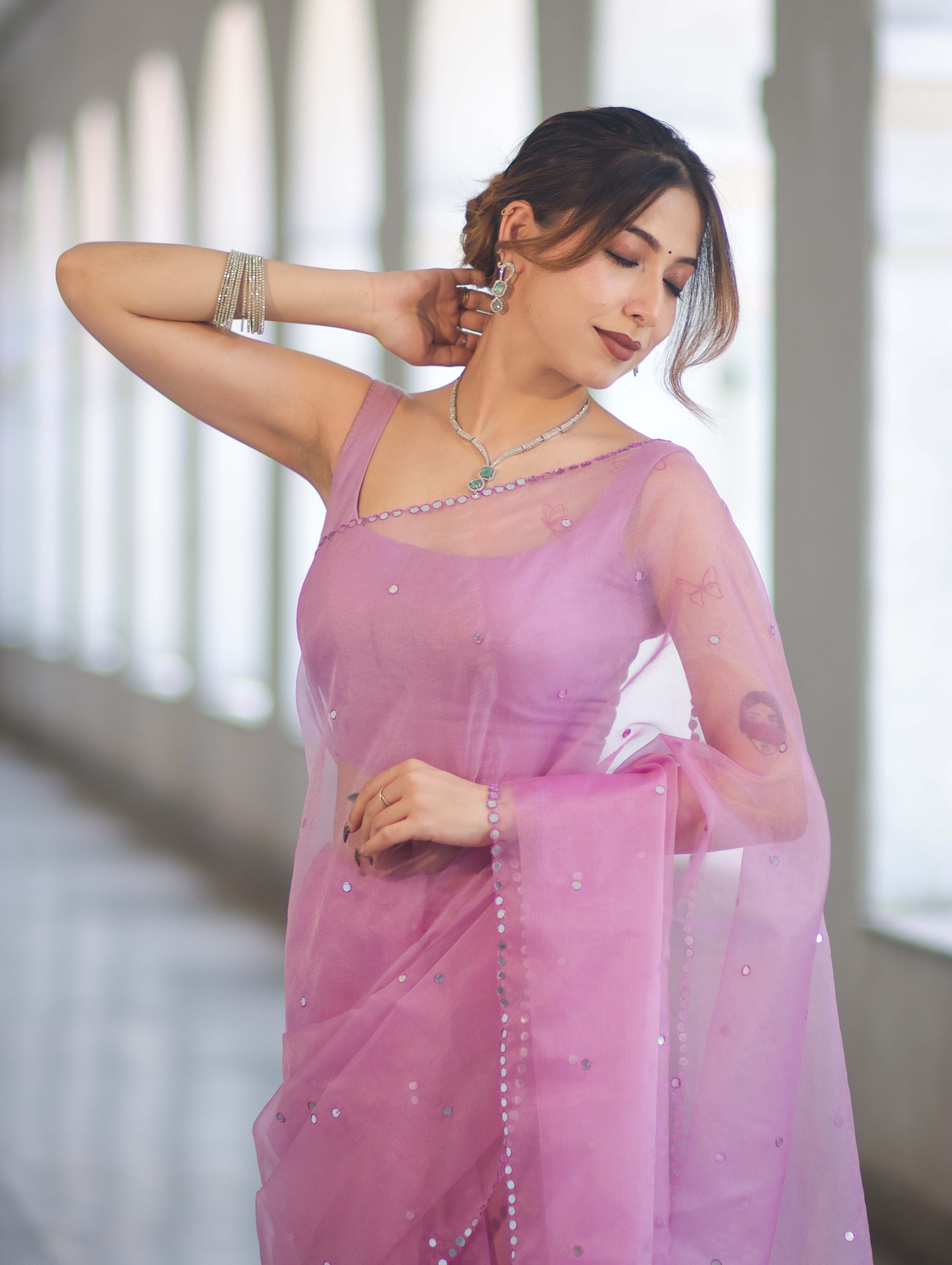 Banarasee Handwoven Organza Mix Saree With Mirror Work-Light Pink