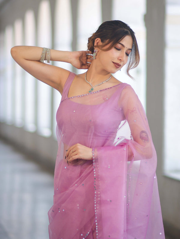 Banarasee Handwoven Organza Mix Saree With Mirror Work-Light Pink