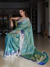 Banarasee Handwoven Tissue Saree With Floral Weaving Contrast Border & Lace-Blue (Dual Tone)
