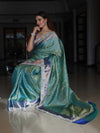 Banarasee Handwoven Tissue Saree With Floral Weaving Contrast Border & Lace-Blue (Dual Tone)