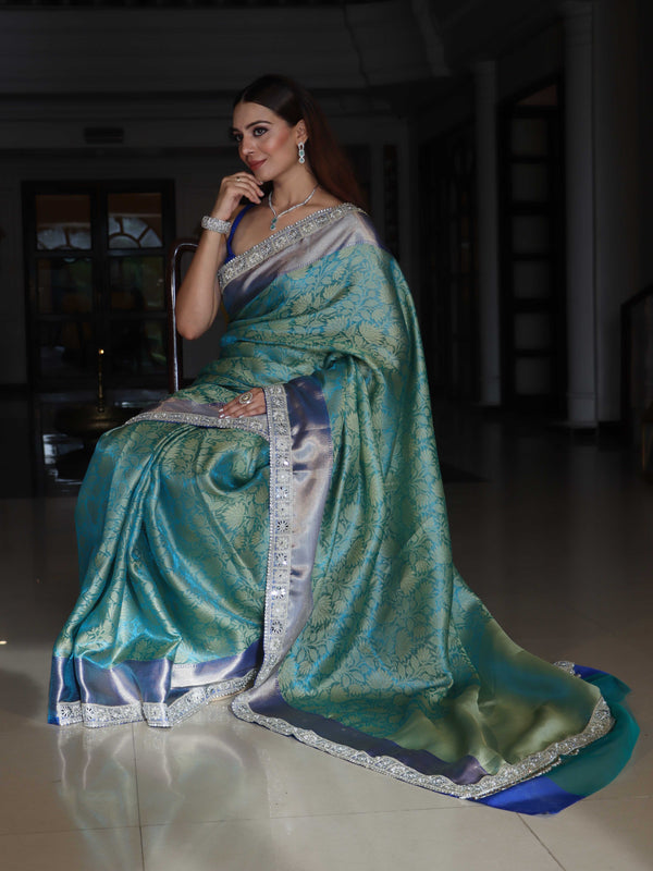 Banarasee Handwoven Tissue Saree With Floral Weaving Contrast Border & Lace-Blue (Dual Tone)
