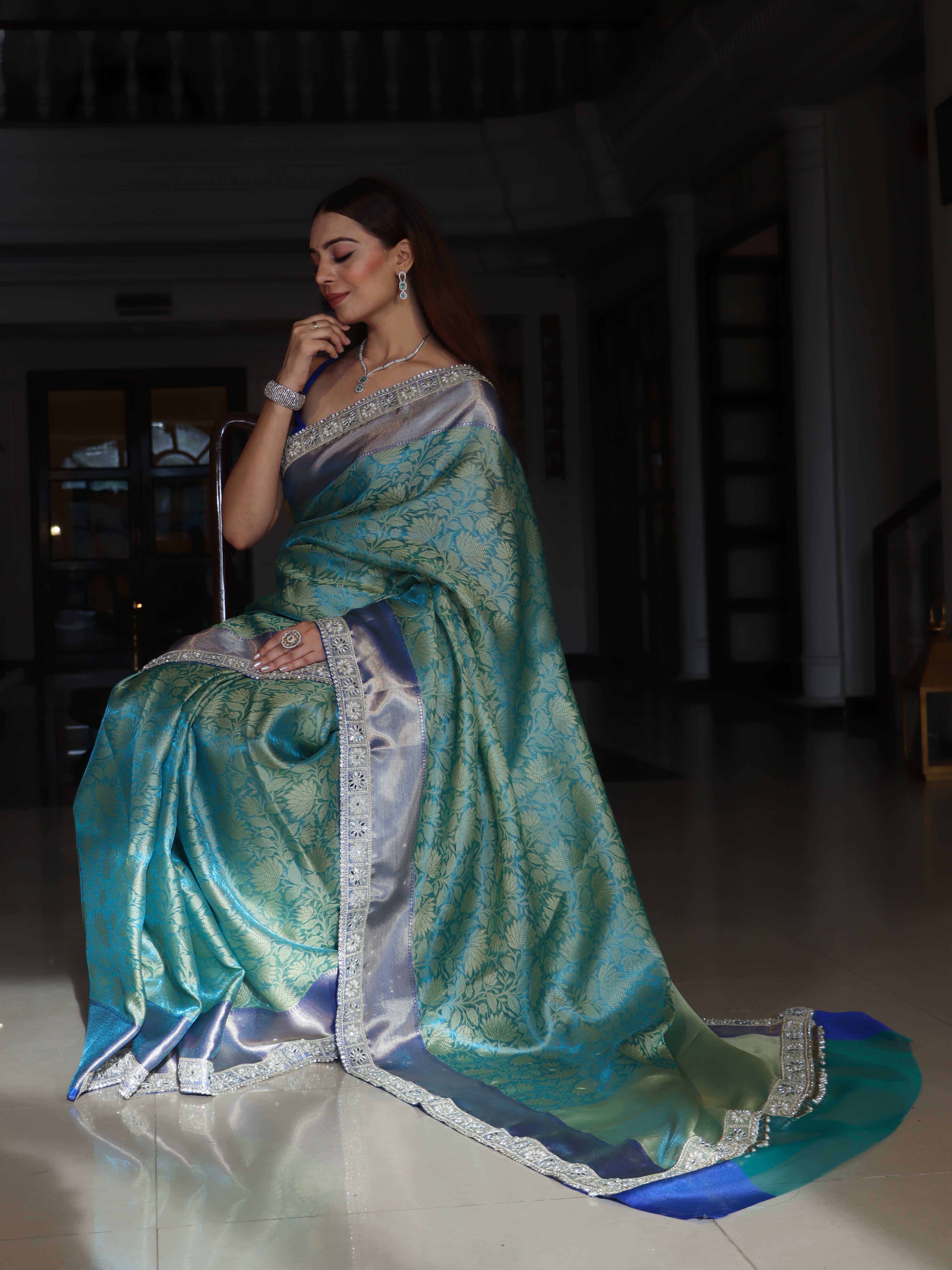 Banarasee Handwoven Tissue Saree With Floral Weaving Contrast Border & Lace-Blue (Dual Tone)