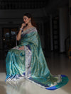 Banarasee Handwoven Tissue Saree With Floral Weaving Contrast Border & Lace-Blue (Dual Tone)