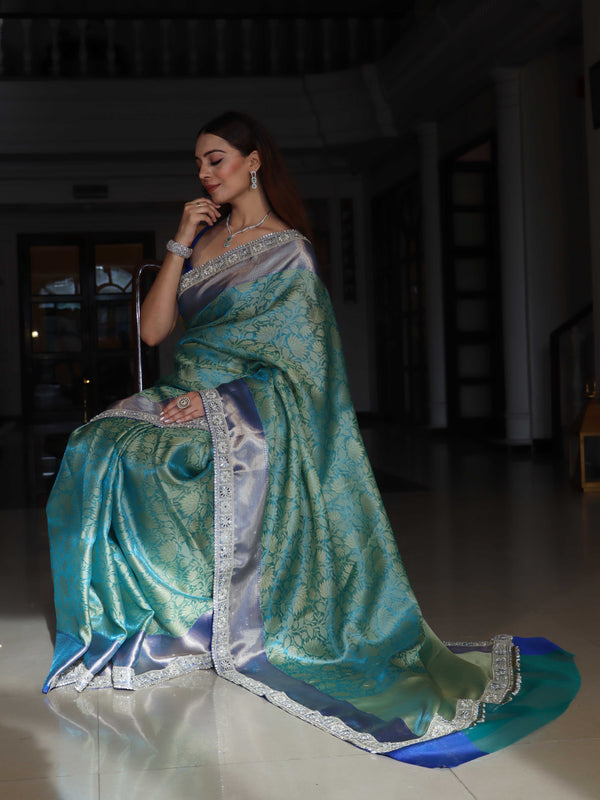 Banarasee Handwoven Tissue Saree With Floral Weaving Contrast Border & Lace-Blue (Dual Tone)