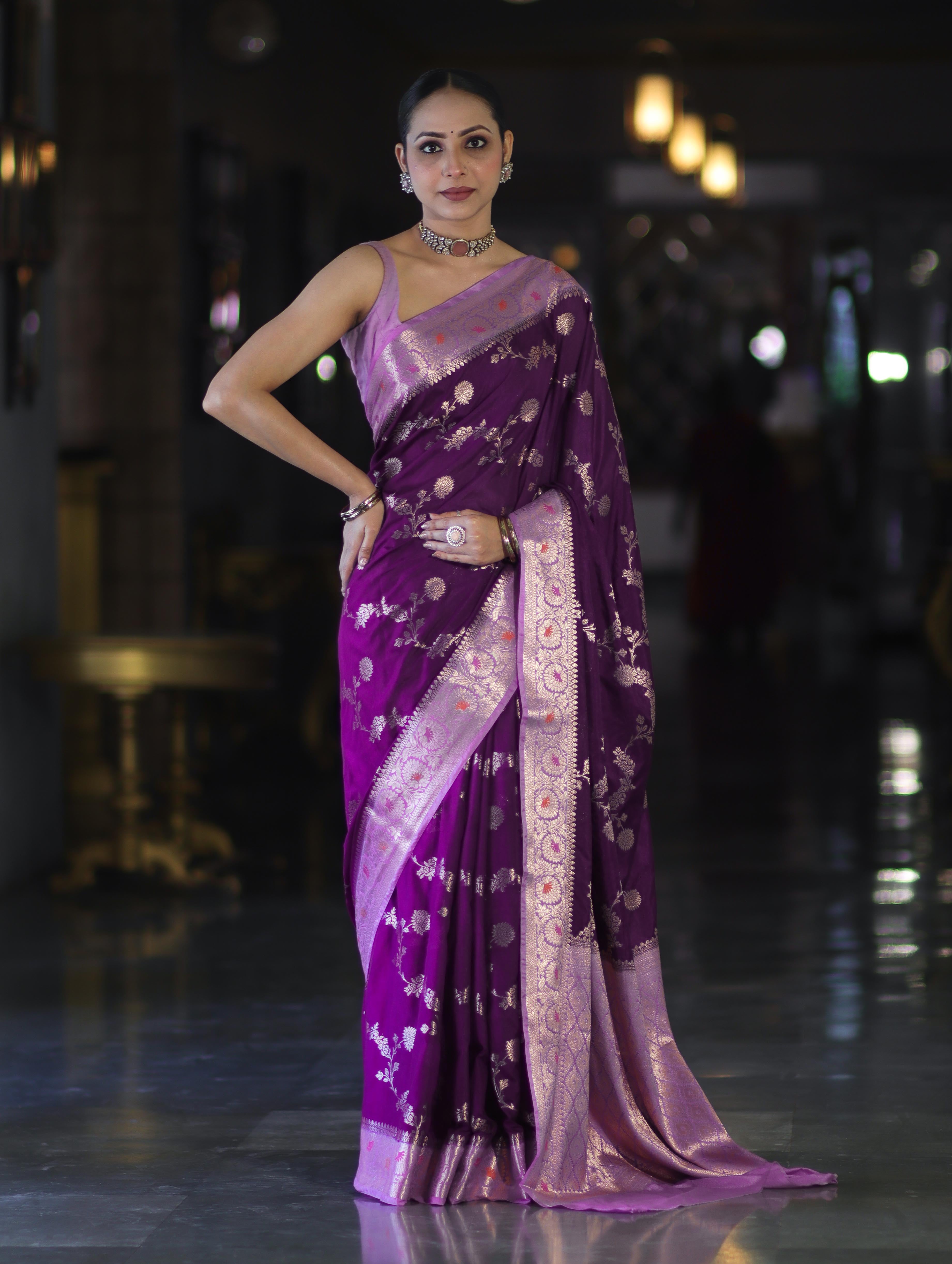 Banarasee Handloom Semi Silk Saree With Zari Woven Design & Contrast Border-Purple