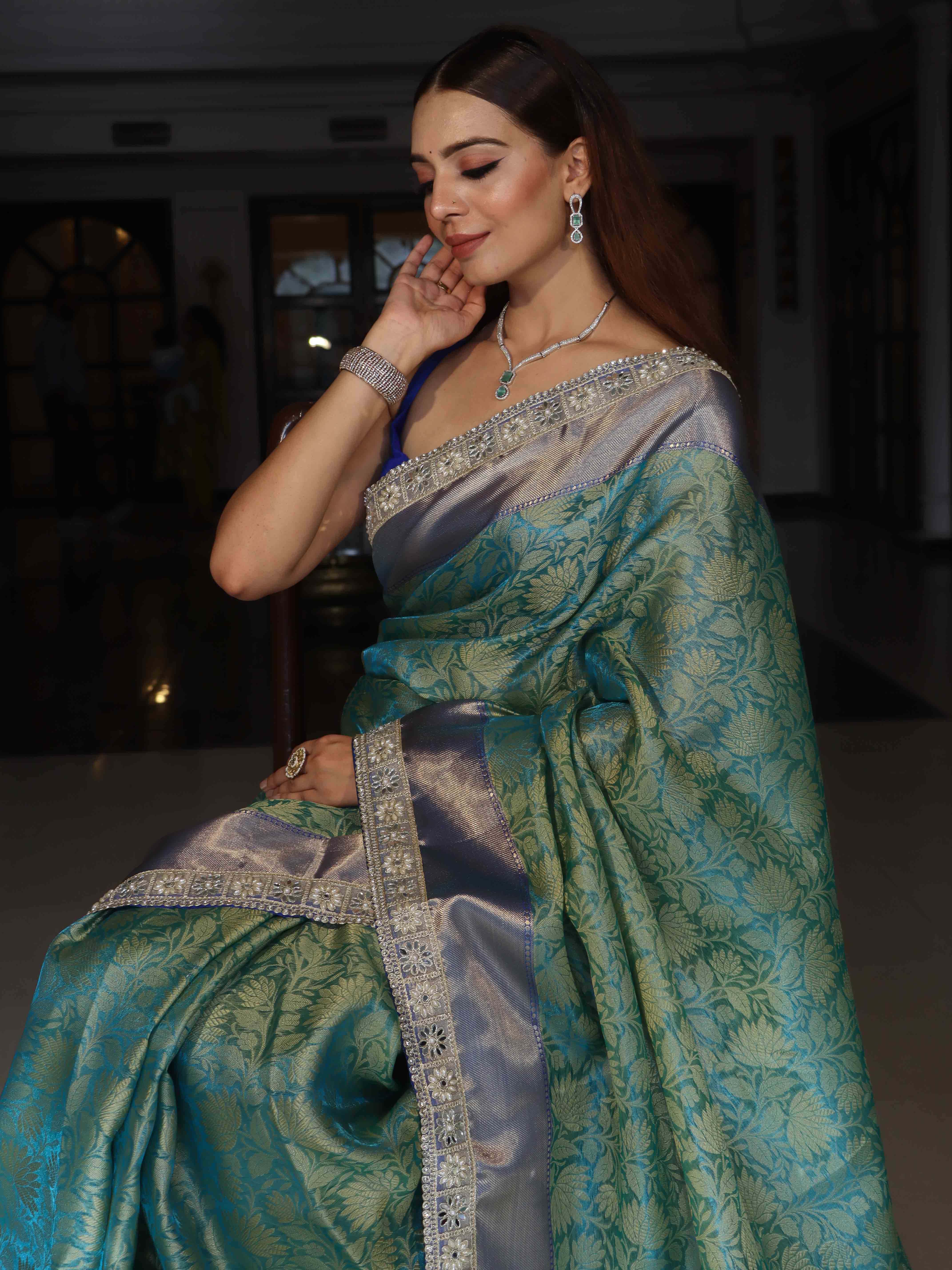 Banarasee Handwoven Tissue Saree With Floral Weaving Contrast Border & Lace-Blue (Dual Tone)