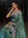 Banarasee Handwoven Tissue Saree With Floral Weaving Contrast Border & Lace-Blue (Dual Tone)